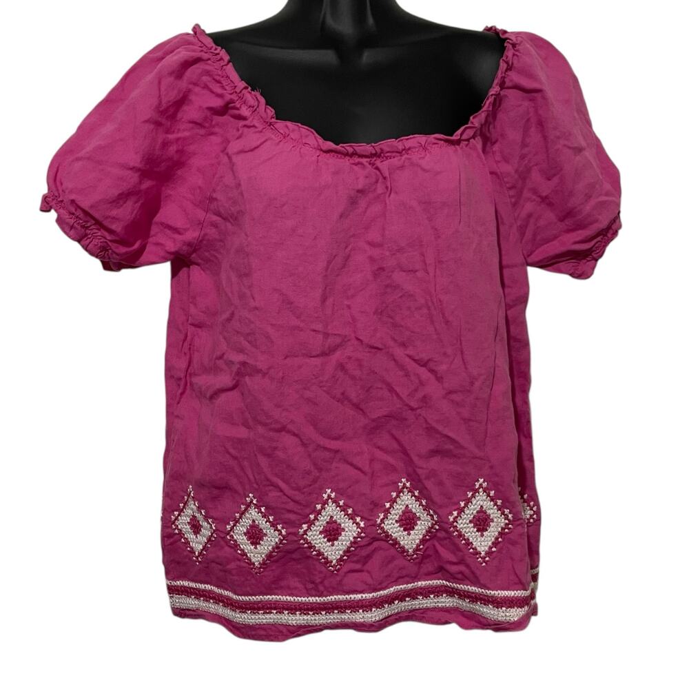 Alexandra Bartlett Womens Medium Short Ruffle Sleeve Crochet Diamond Linen Blous